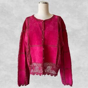 Vintage SMH Boutique Women's XL Red Suede Leather Crochet Sweater Jacket